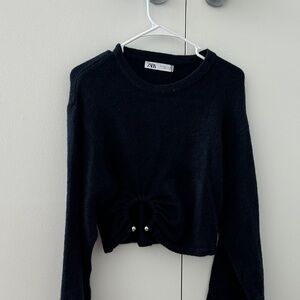 Zara Black Cropped Knit Sweater with Front Drawstring and Pearl Ends